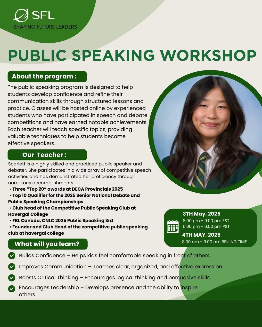 Scarlett's Public Speaking Workshop On Building Confidence - May 3rd
