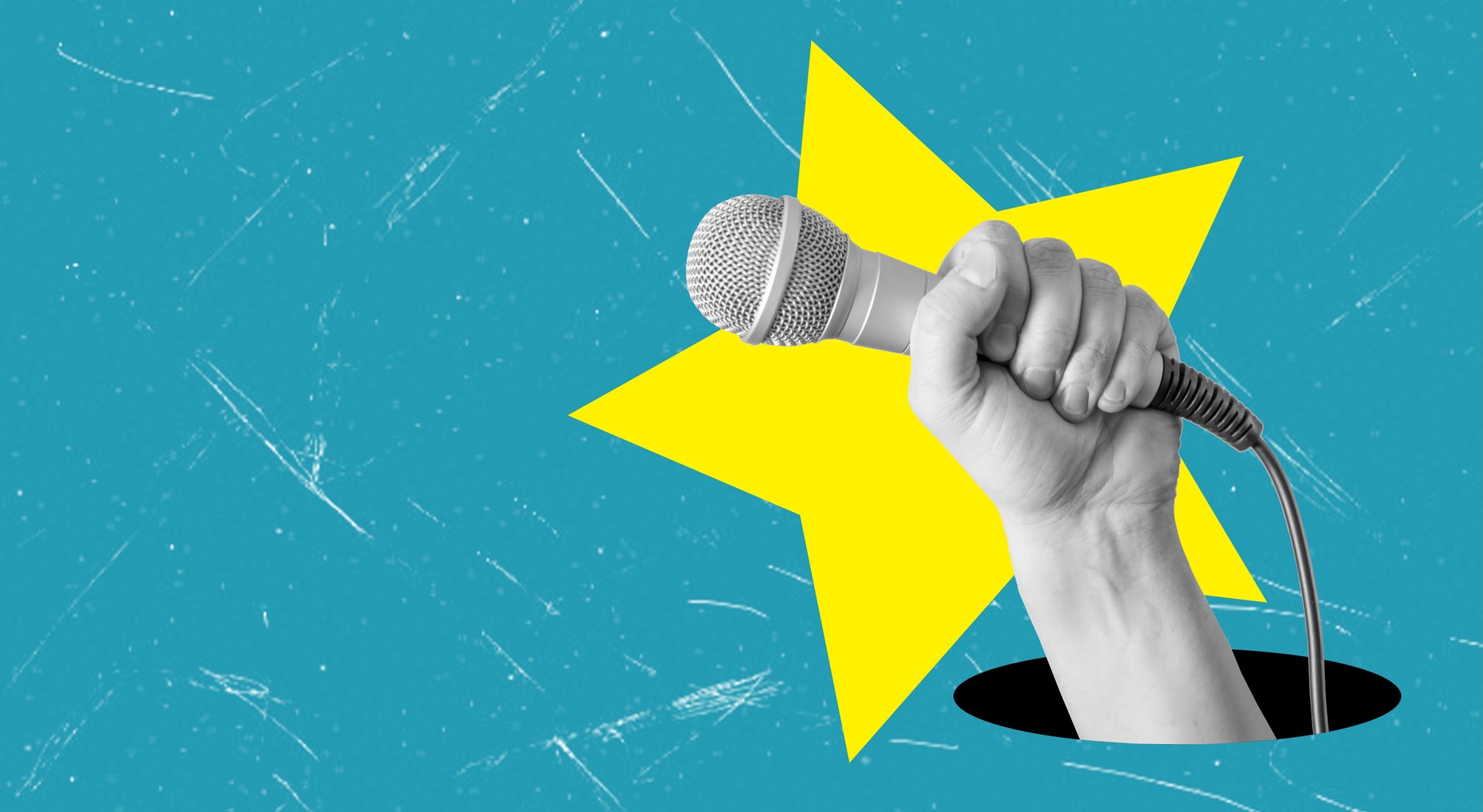 Modern art art collage showing a hand holding a microphone and a star.